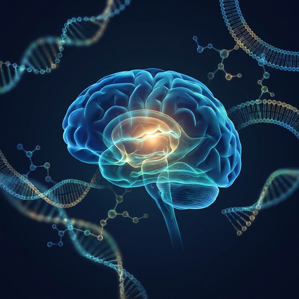 Glowing brain surrounded by biochemical structures representing the 12 steps to prevent dementia
