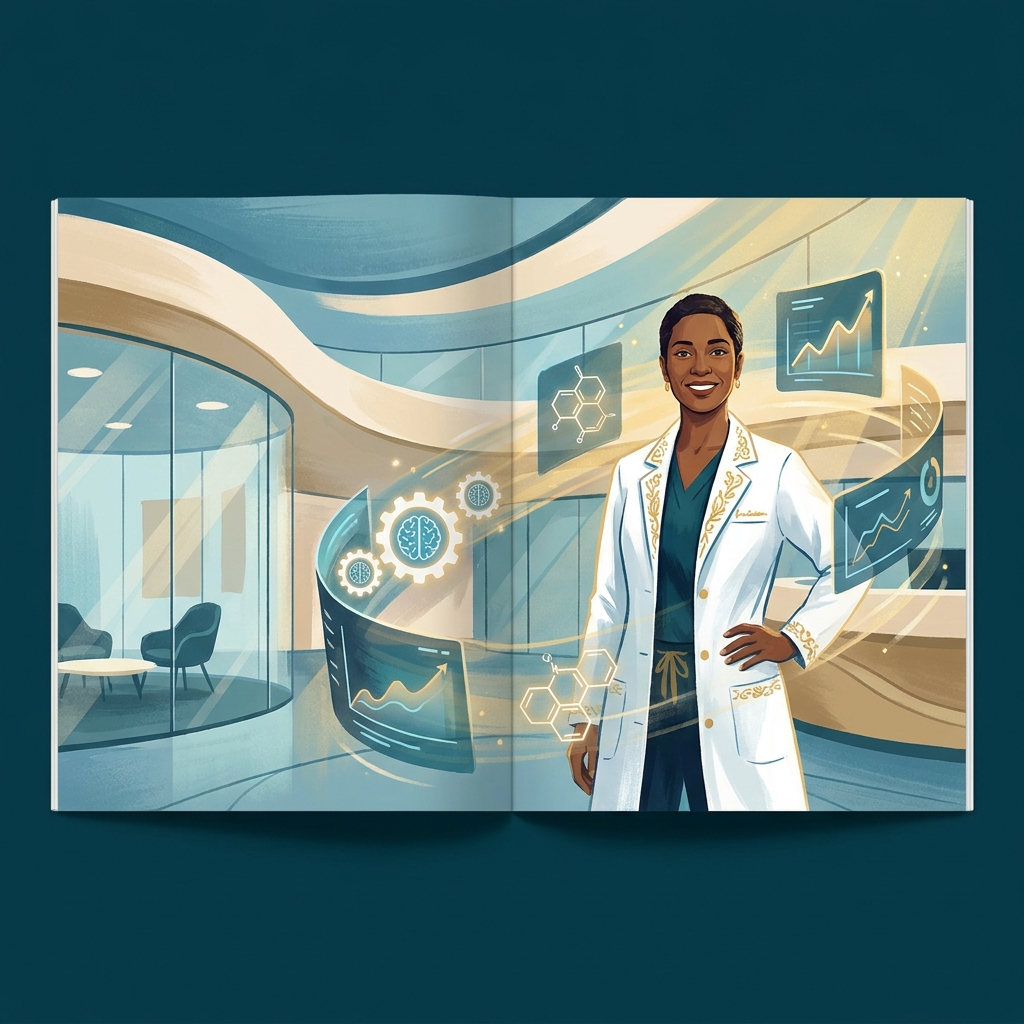 Illustration of a doctor surrounded by AI and digital health innovations representing diabetes management doctor perspectives