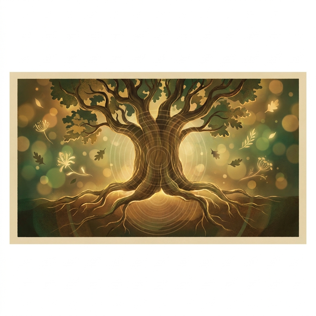 Glowing ancient oak tree symbolizing longevity synonym concepts of lifespan, resilience, and enduring vitality