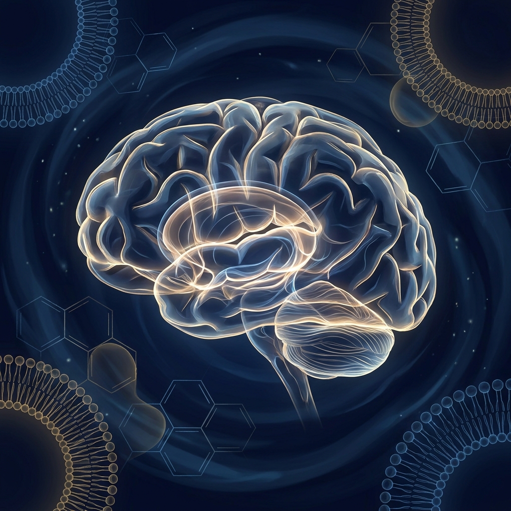 Glowing brain illustration surrounded by luminous cell membrane structures, representing brain health supplements and cellular science.