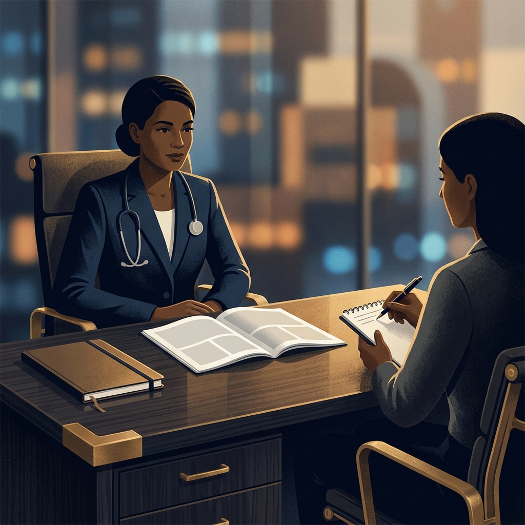 Doctor feature story medical magazine editorial illustration showing physician interview for professional publication