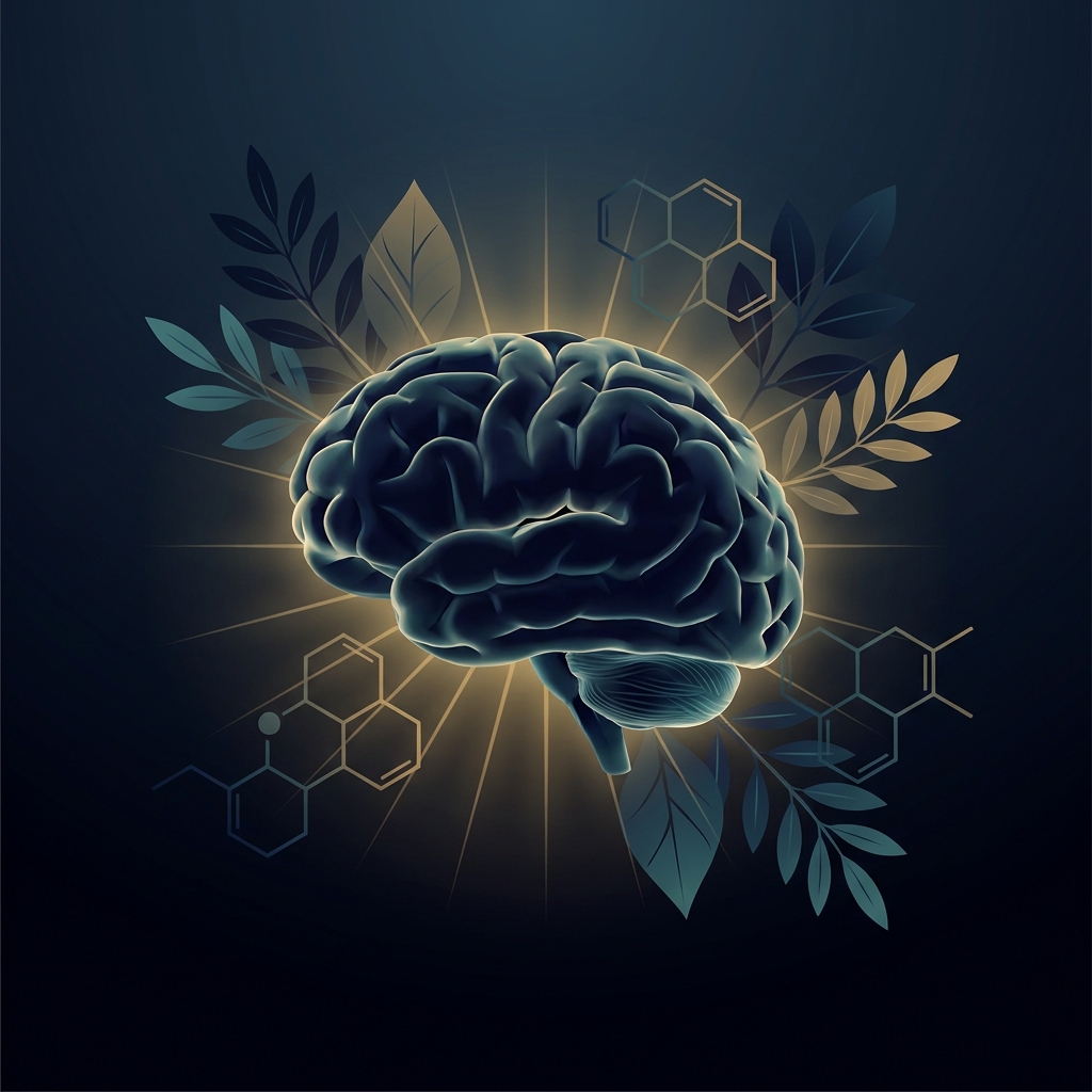 Glowing brain surrounded by organic botanicals and molecular structures representing organic brain health supplements