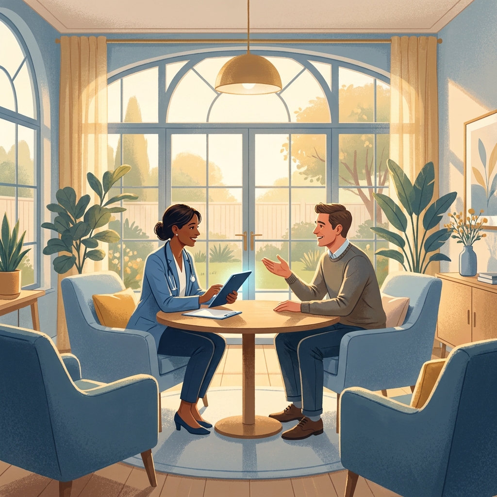Doctor and patient in shared decision making conversation, seated together in a modern, welcoming healthcare consultation room.