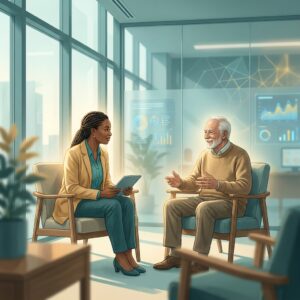 Oncologist consulting with a patient in a warm, modern clinic — oncology cancer care patient resources guide