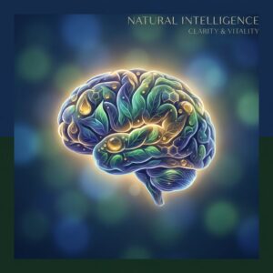 Glowing illustrated brain made of botanical and molecular forms representing vegan supplements for brain health