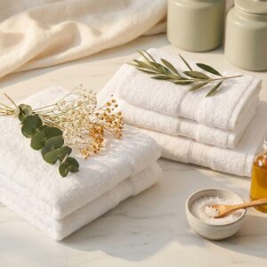 Clean folded white towels with botanicals on marble surface representing clean towels healthy aging skincare rituals