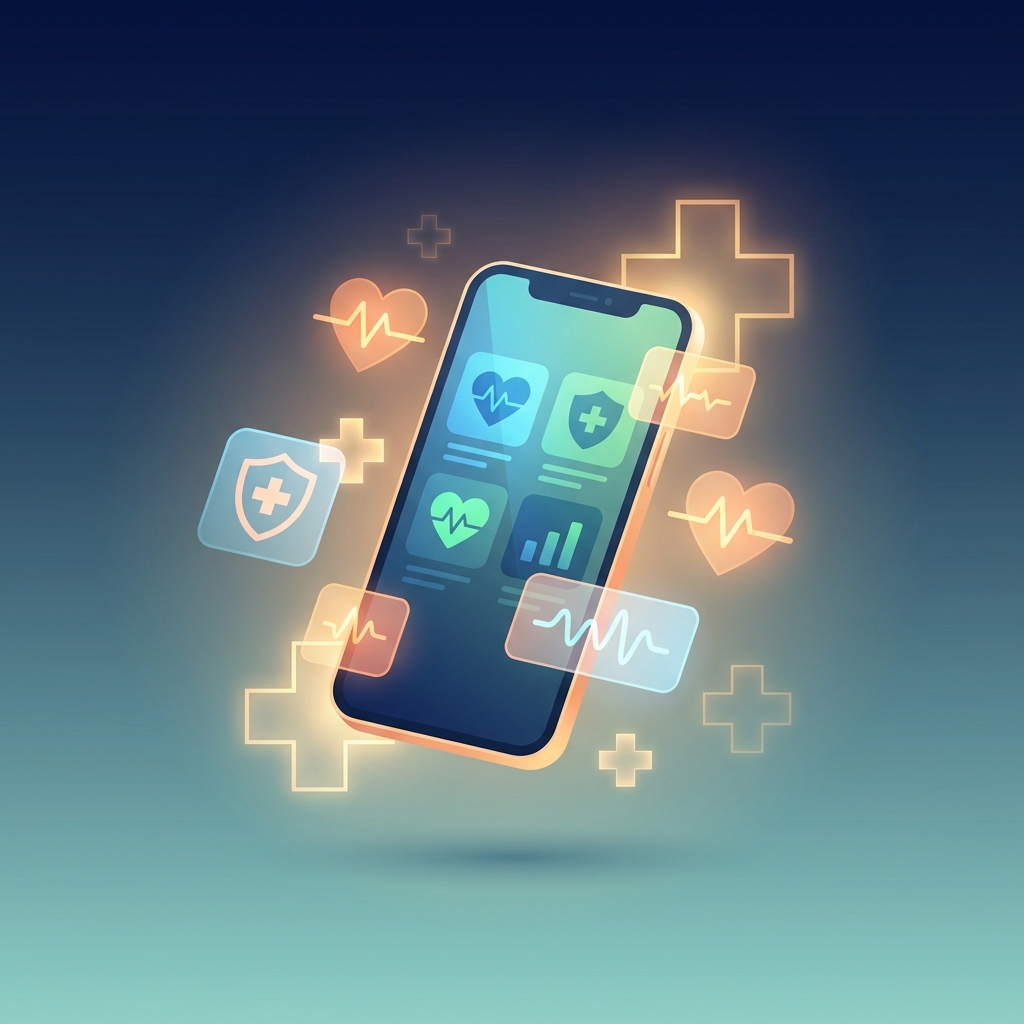 Digital health apps doctor recommended — glowing smartphone with health icons on modern navy background