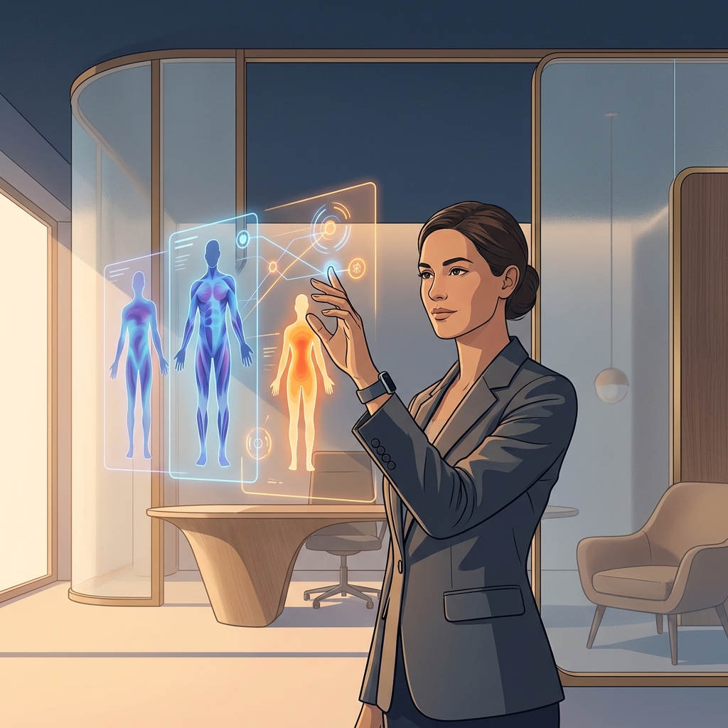 Physician reviewing advanced body composition health metrics and holographic data visualizations in a modern clinical setting.