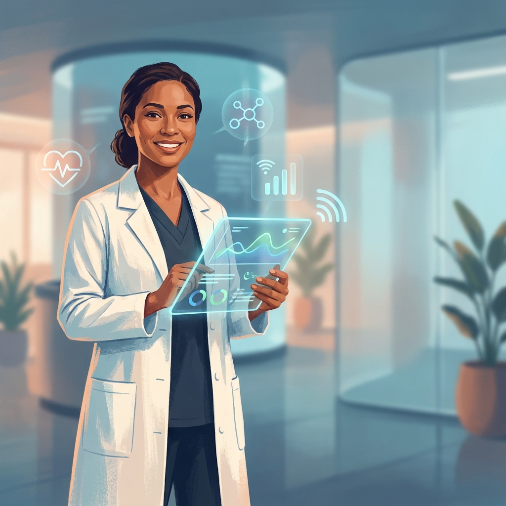 Doctor using remote patient monitoring technology to review chronic disease data on a digital tablet in 2026.