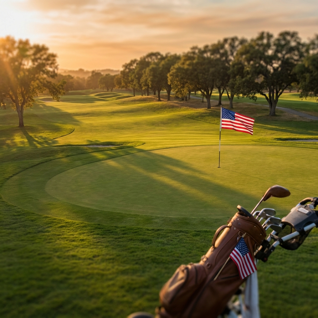 Golf course at golden hour with American flag pin, symbolizing a charity golf event for veterans healthcare