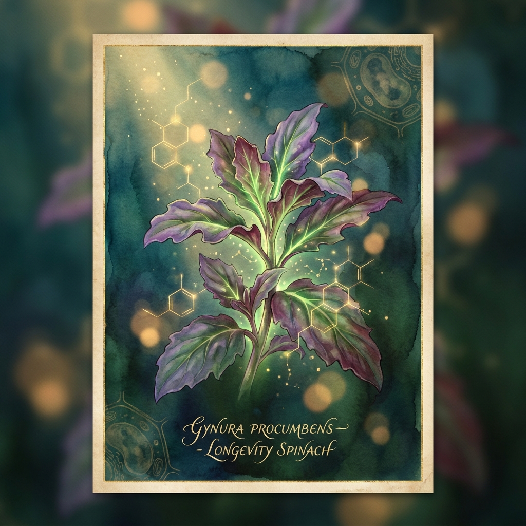 Botanical illustration of longevity spinach Gynura procumbens with glowing molecular structures representing its bioactive compounds