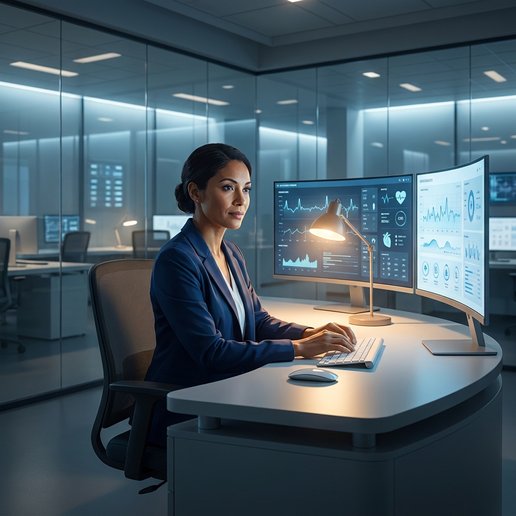 Physician at a digital command center representing hospital at home care physician perspectives in 2026