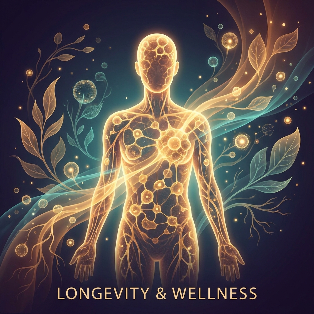 Glowing human silhouette representing the meaning of longevity through cellular vitality and renewal