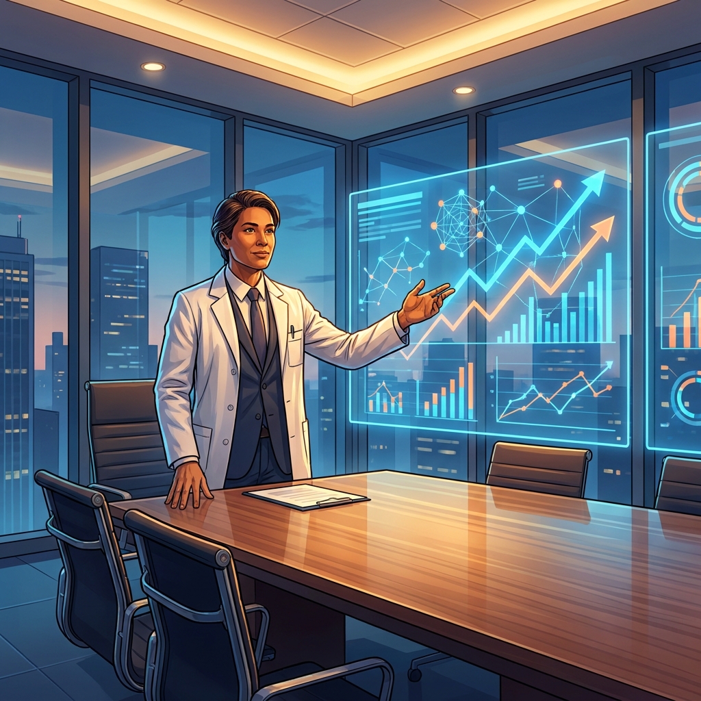Physician executive reviewing value based care healthcare transformation dashboards in a modern boardroom setting