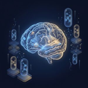 Stylized glowing brain with molecular structures representing a tiered hierarchy of dietary supplements for brain health