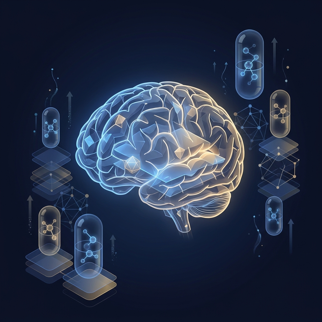Stylized glowing brain with molecular structures representing a tiered hierarchy of dietary supplements for brain health