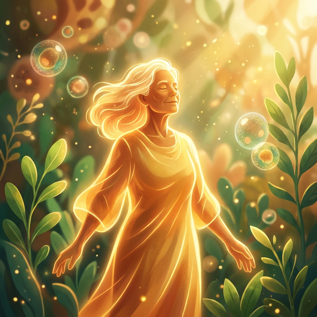 Vibrant older adult glowing with vitality surrounded by botanical elements, representing longevity and healthy aging.