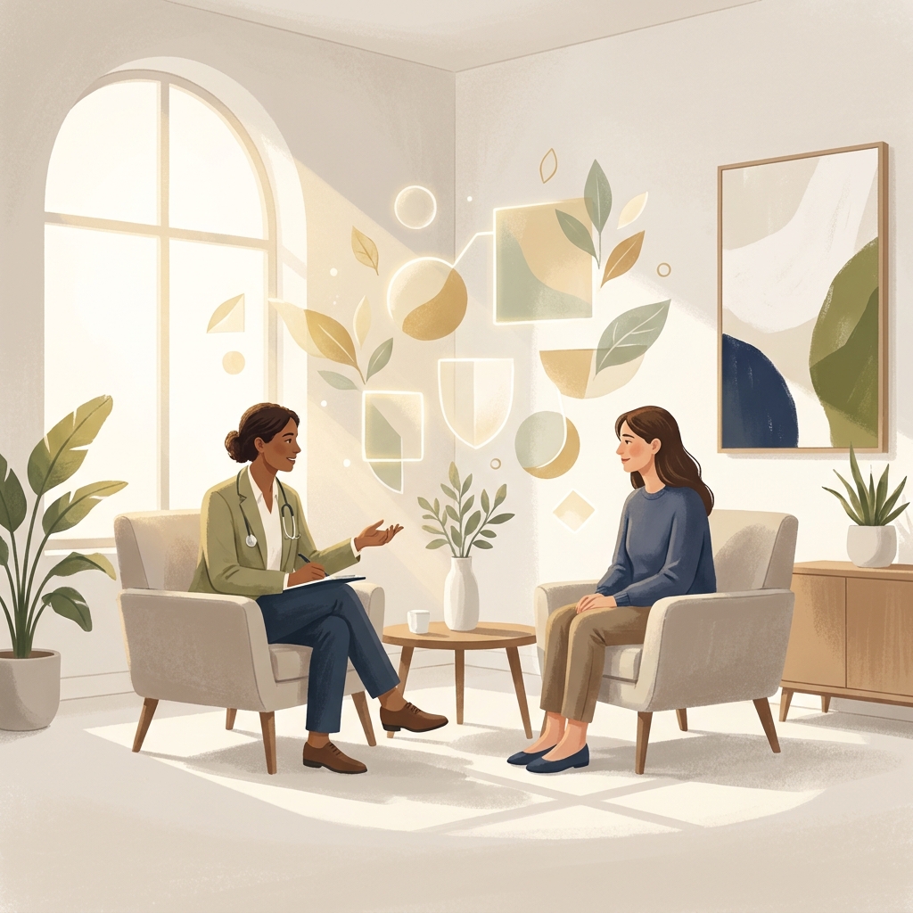 Doctor consulting patient about alternative pain management opioid free treatment options in a modern, calming medical office