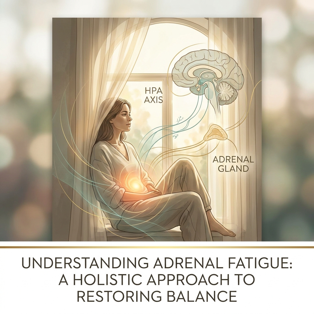 Woman in warm light with abstract HPA axis imagery illustrating adrenal fatigue functional medicine doctor perspectives