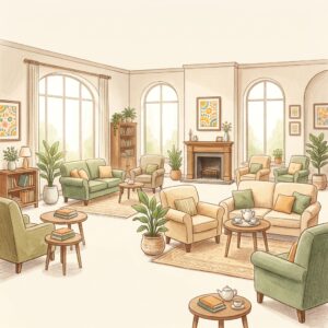 Welcoming common room at a healthy aging center Acacia-style adult day program with warm lighting and comfortable seating.