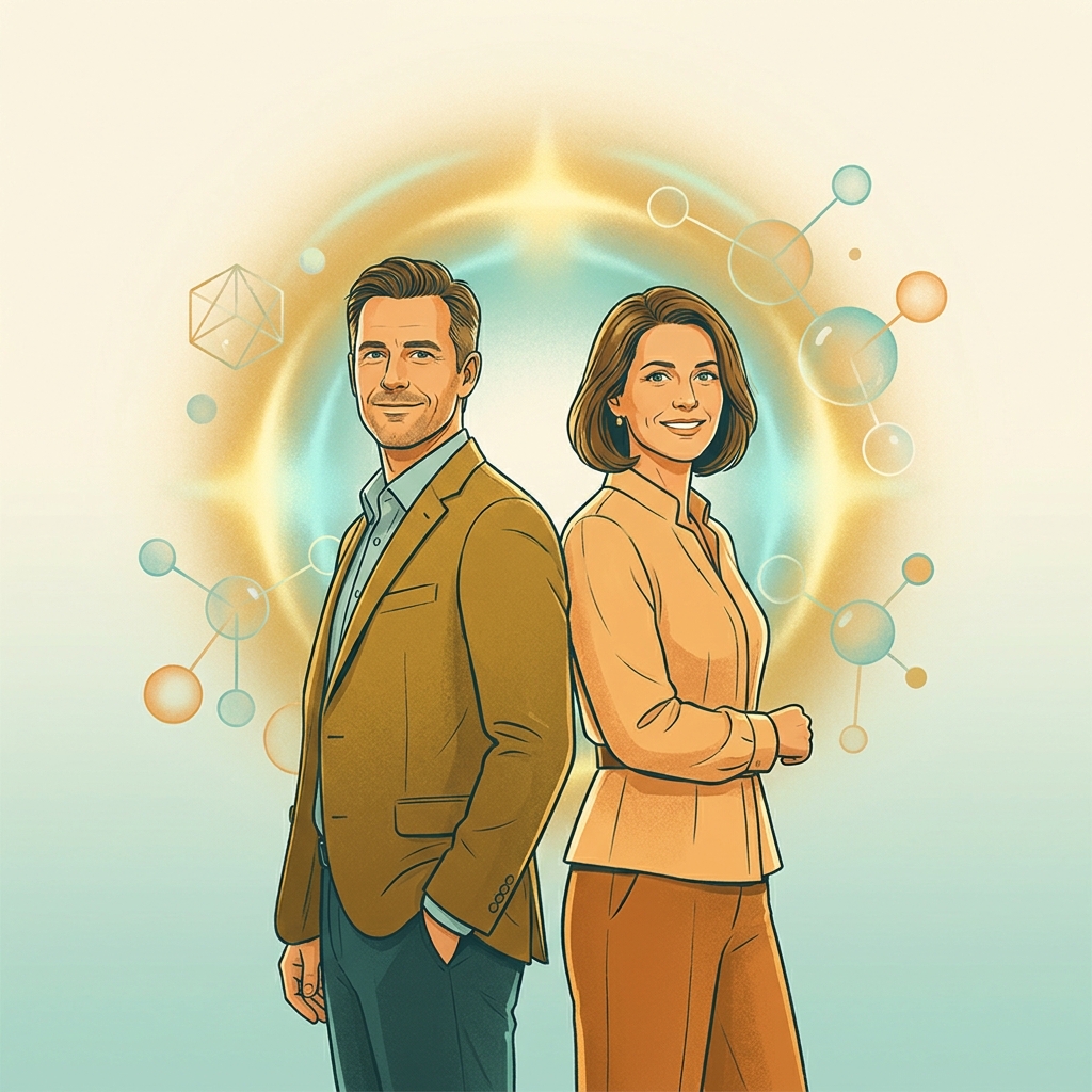 Illustration representing hormone optimization for men and women with a physician's guide approach, showing vitality and balance.