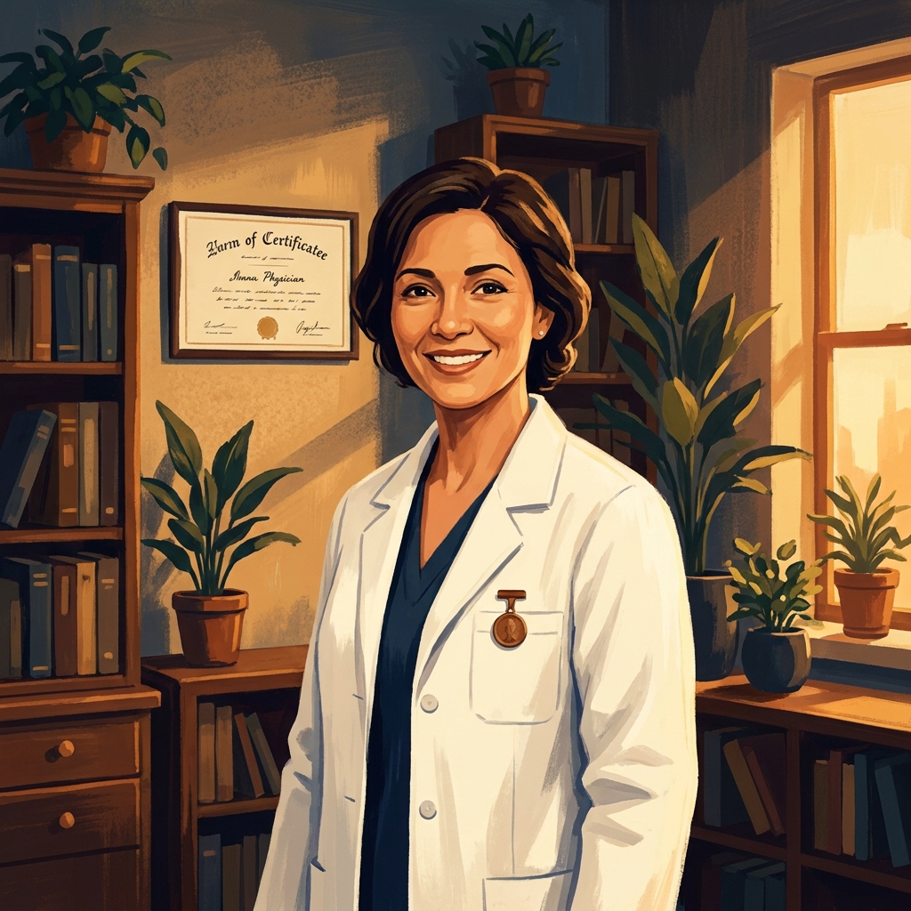 Community physician recognized with local area top doctor recognition award standing proudly in a welcoming clinic.