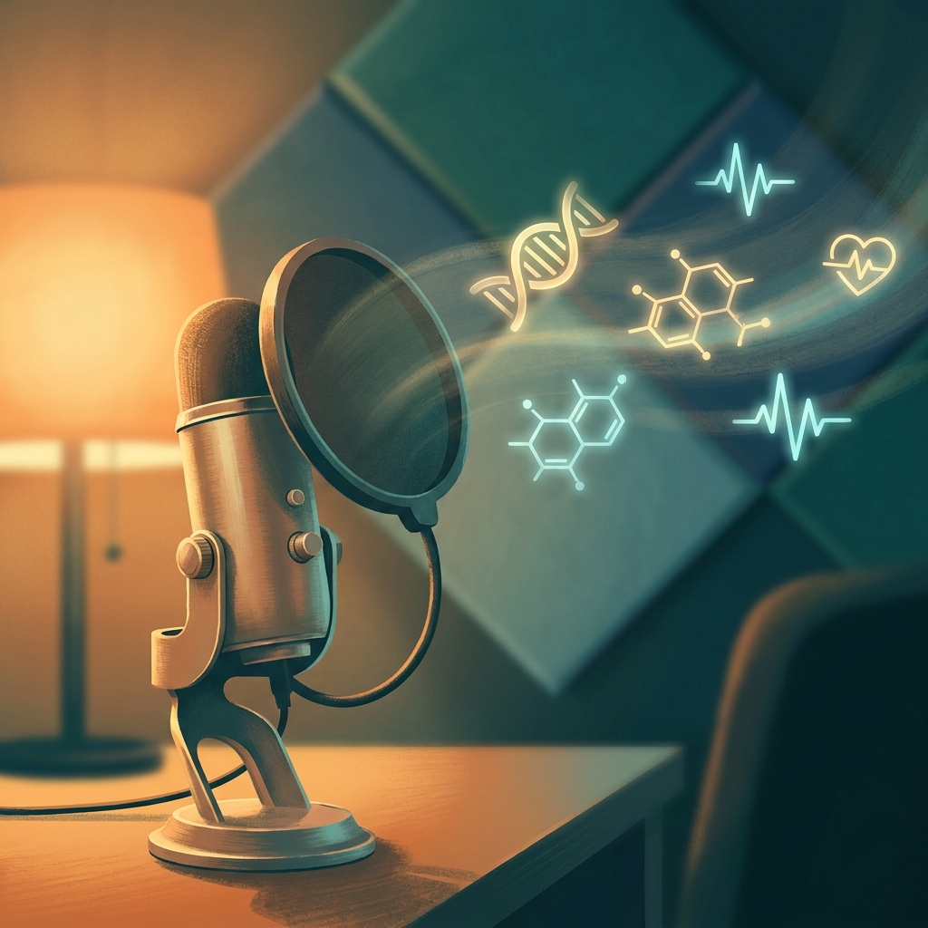Modern podcast microphone with health and wellness icons representing trending health and wellness podcast topics in 2026