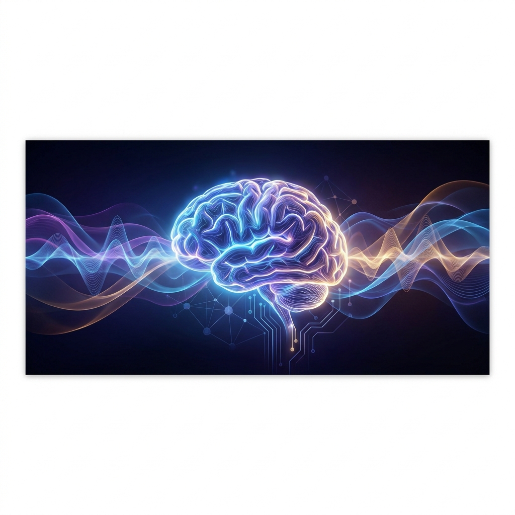 Glowing brain with neural waves and light frequencies representing BrainTap health technology neuroscience review