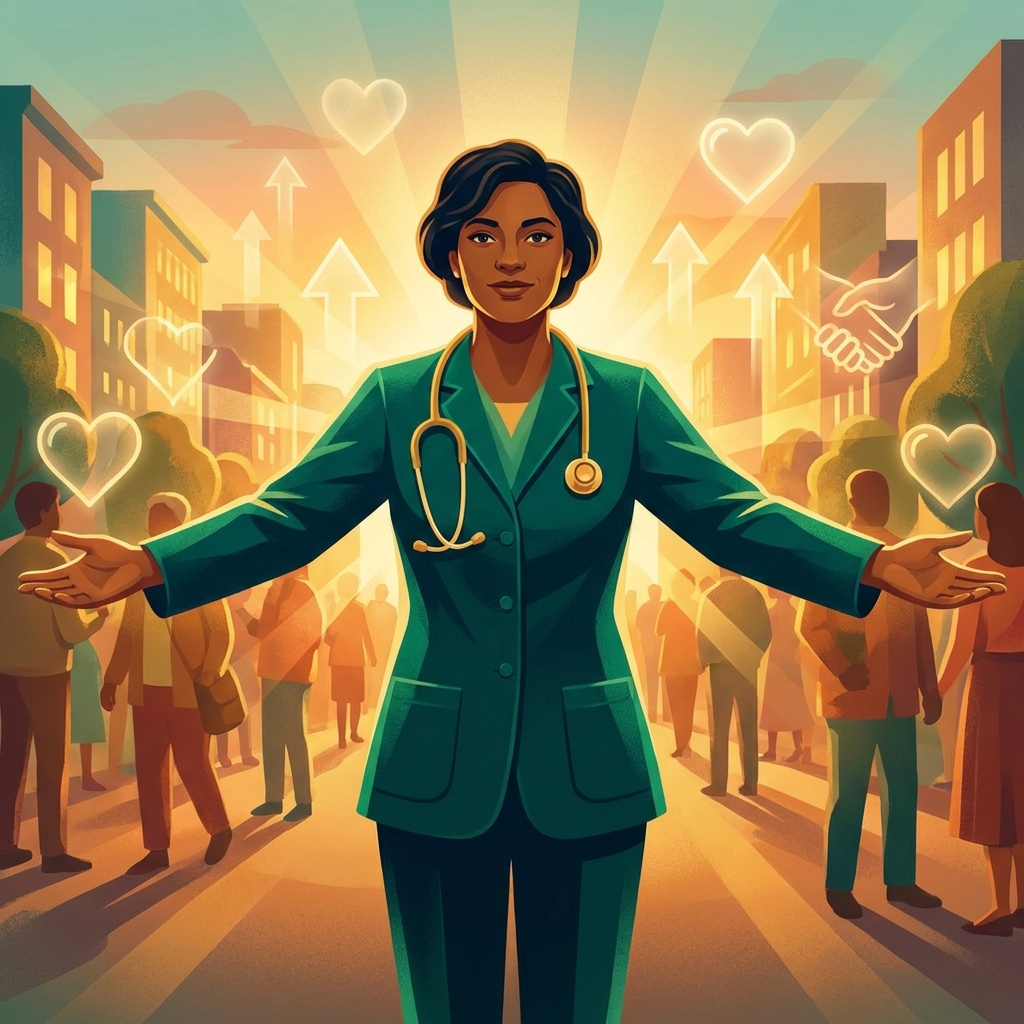 Physician philanthropy and healthcare community impact illustrated by a doctor giving back with warmth and purpose