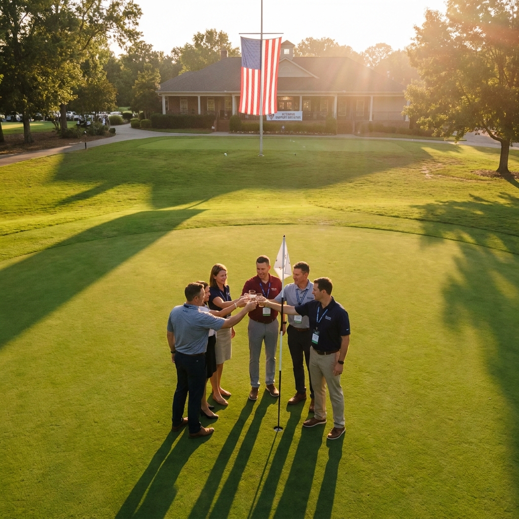 Healthcare professionals networking at a charity golf tournament during golden hour, representing a premier healthcare professional event
