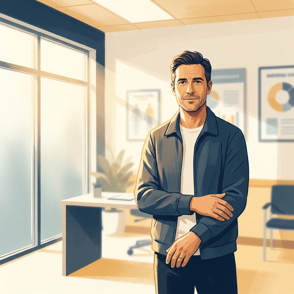 Confident man in a modern medical office representing a men's health preventive care doctor guide