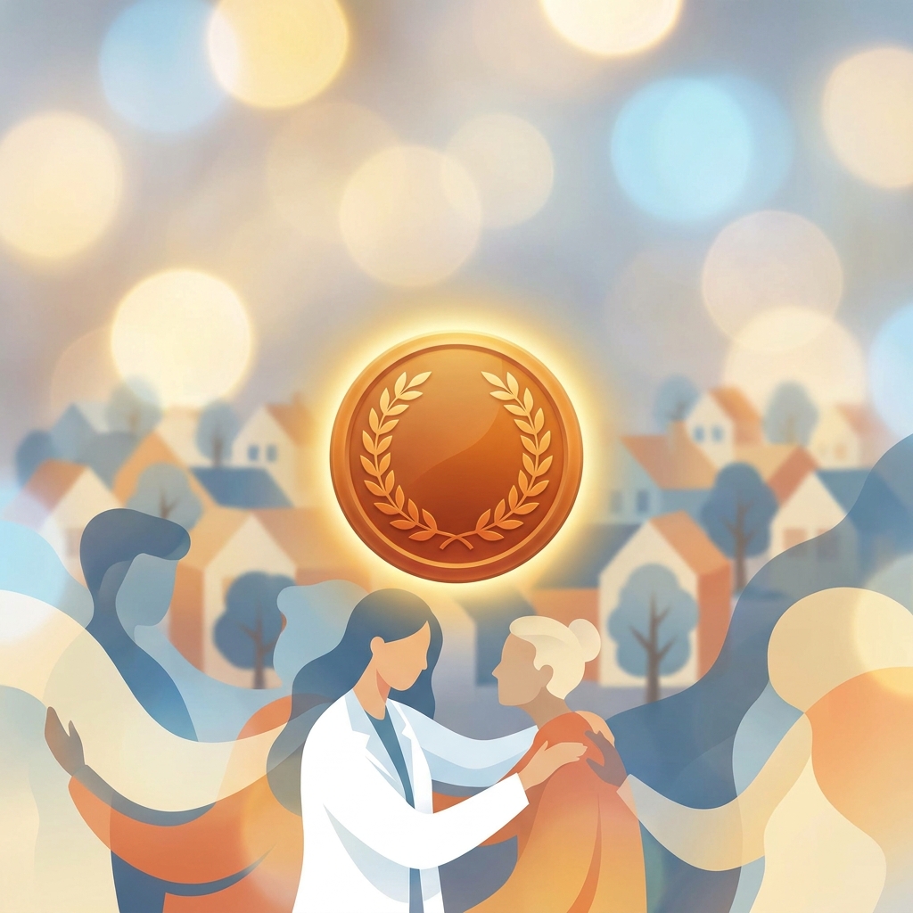 Gold award medallion symbolizing top doctor award local community recognition with warm editorial illustration style