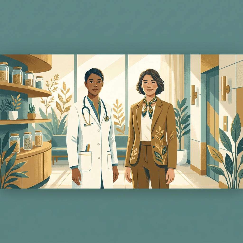 Naturopathic medicine doctor collaboration with MD in modern integrative care clinic, warm professional setting
