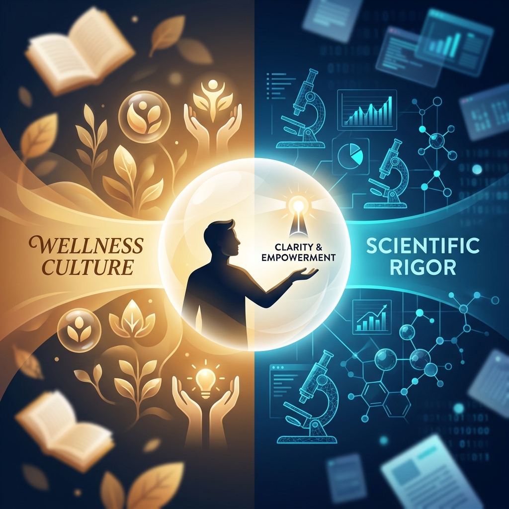 Illustration showing the divide between wellness magazine and medical journal information, with a patient seeking clarity