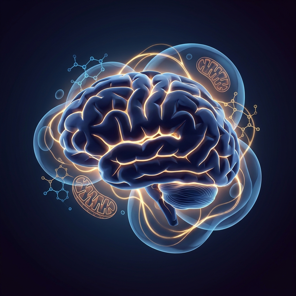 Glowing brain with golden neural pathways and cellular structures illustrating the biochemistry of cognitive function and memory.