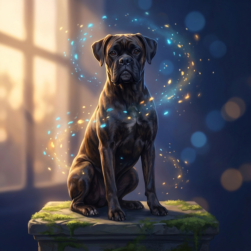 Boxer dog bathed in golden light surrounded by glowing cellular particles, symbolizing boxer dog longevity science
