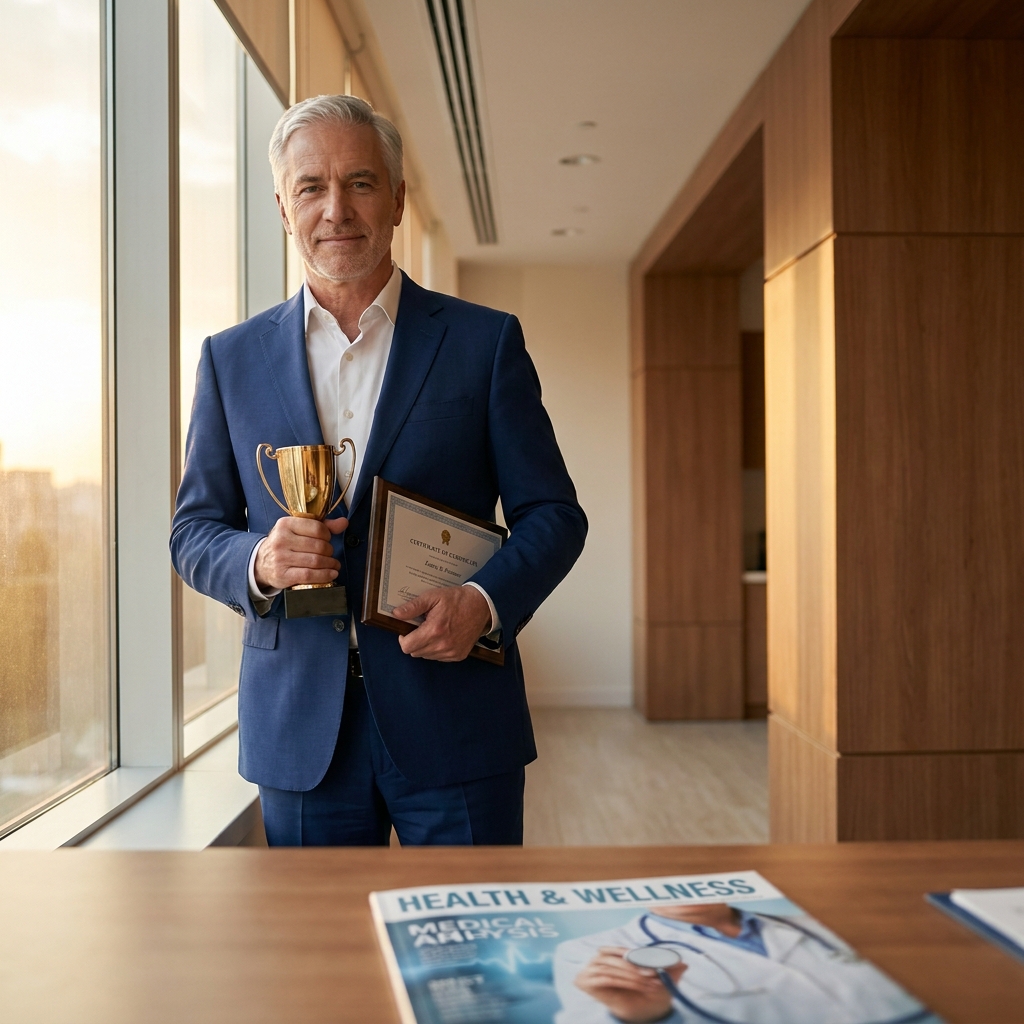 Confident physician holding a health magazine feature nomination award in a professional medical office setting