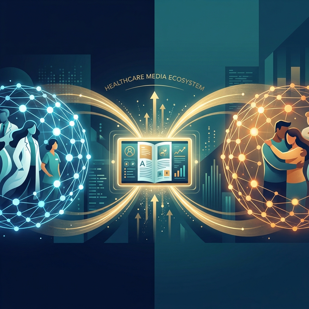 Healthcare B2B media platform doctor reach illustrated as dual connected networks bridging medical professionals and patients