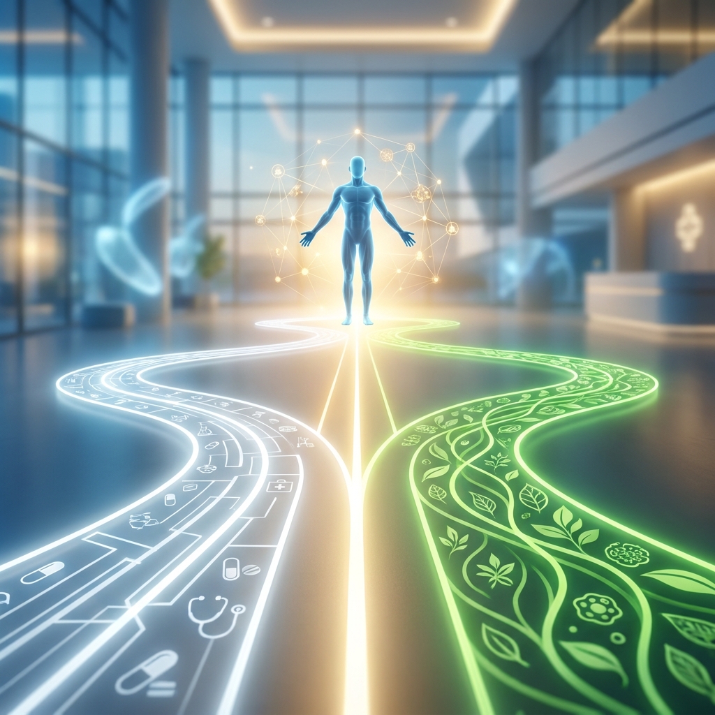 Functional medicine vs conventional medicine explained through two glowing paths merging into one unified approach to patient care.