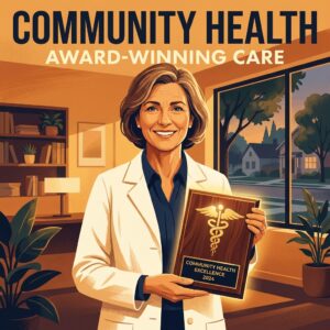 Community physician holding a local area award recognition in a warm, professional medical office setting.
