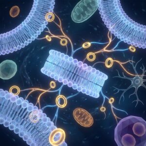 Glowing plasmalogen phospholipid structures illustrating plasmalogens function within cellular membranes and neural networks