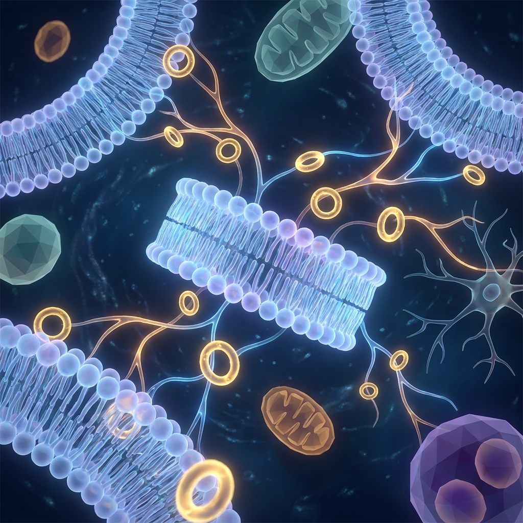 Glowing plasmalogen phospholipid structures illustrating plasmalogens function within cellular membranes and neural networks