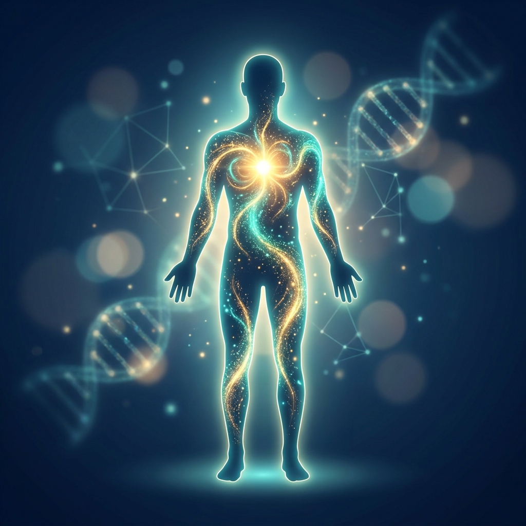 Glowing human silhouette representing mitochondrial health energy optimization with radiant cellular light particles