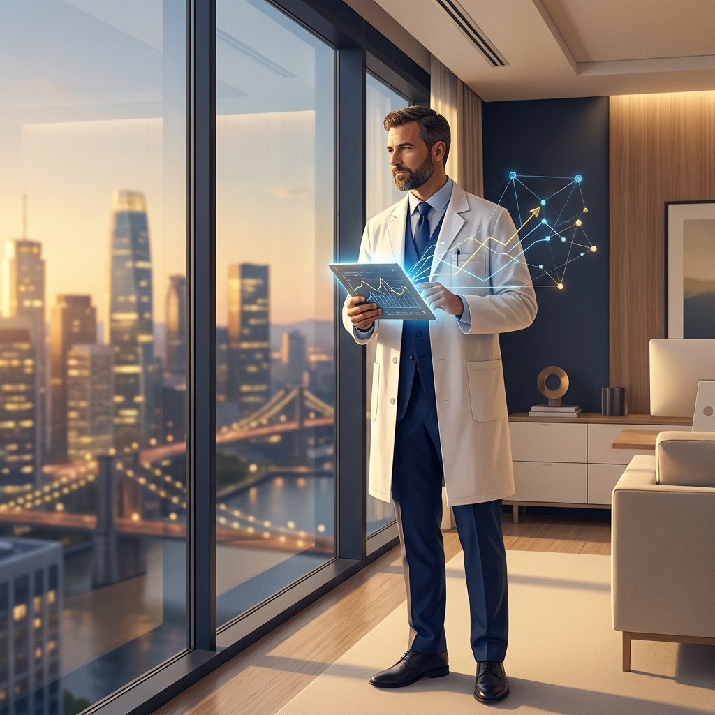 Health entrepreneur doctor reviewing startup innovation data, symbolizing physician-founder leadership in medical innovation