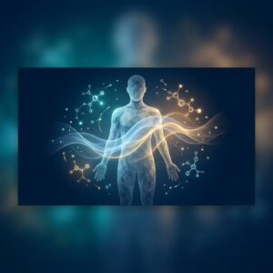 Glowing human silhouette with quantum energy waves illustrating quantum wellness health science explained
