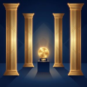 Four golden pillars surrounding an award medallion representing medical practice ultimate award criteria for excellence