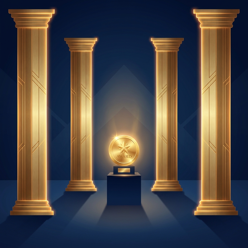Four golden pillars surrounding an award medallion representing medical practice ultimate award criteria for excellence
