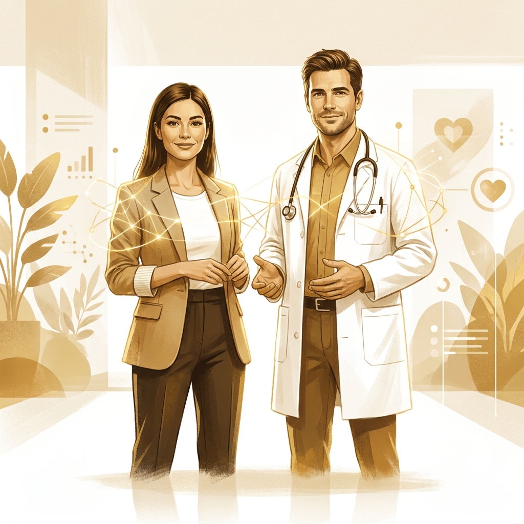 Health influencer doctor collaboration brand partnership illustration showing physician and wellness professional in modern studio setting