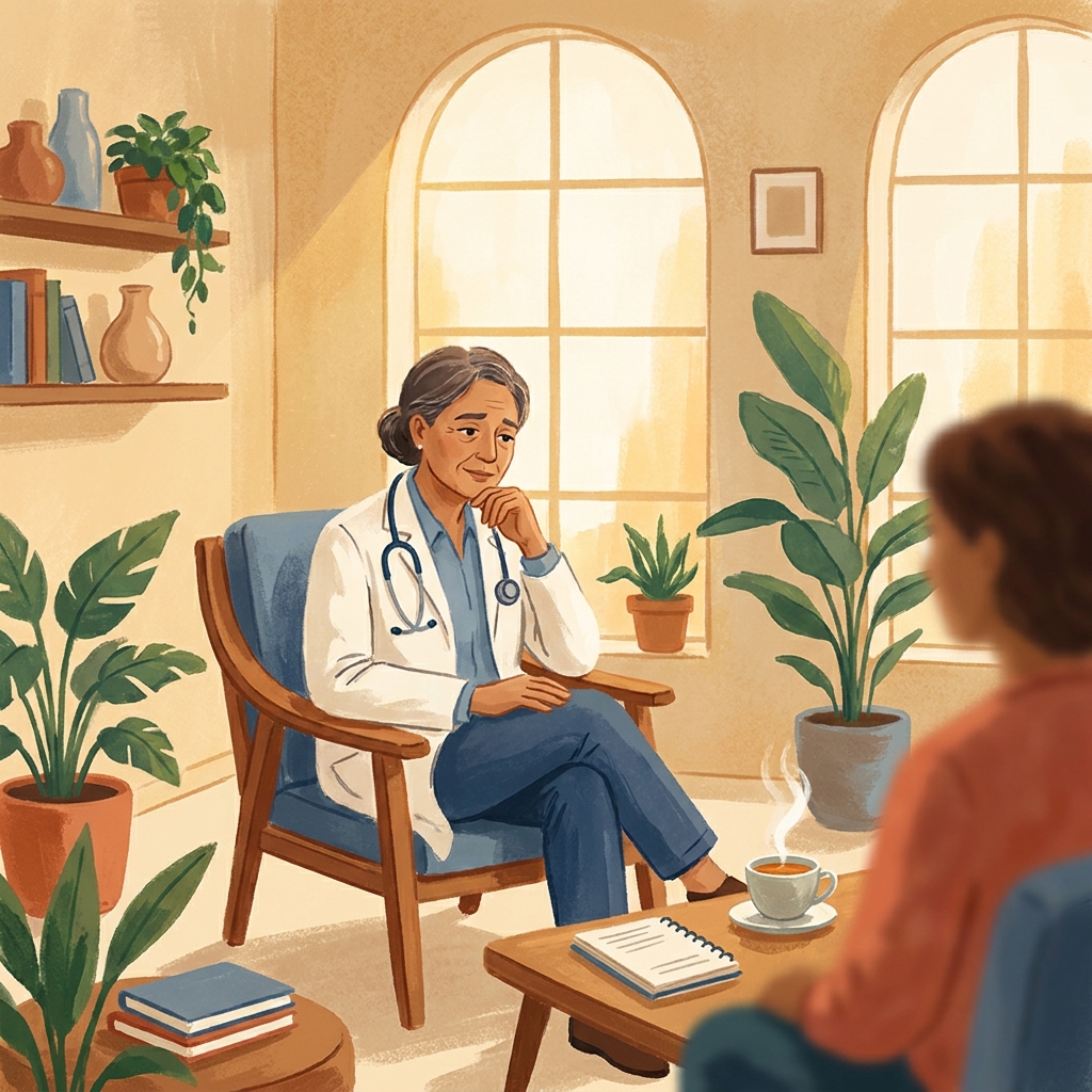 Integrative medicine physician in a warm, modern wellness consultation space — TopDoctor integrative medicine physician interview series