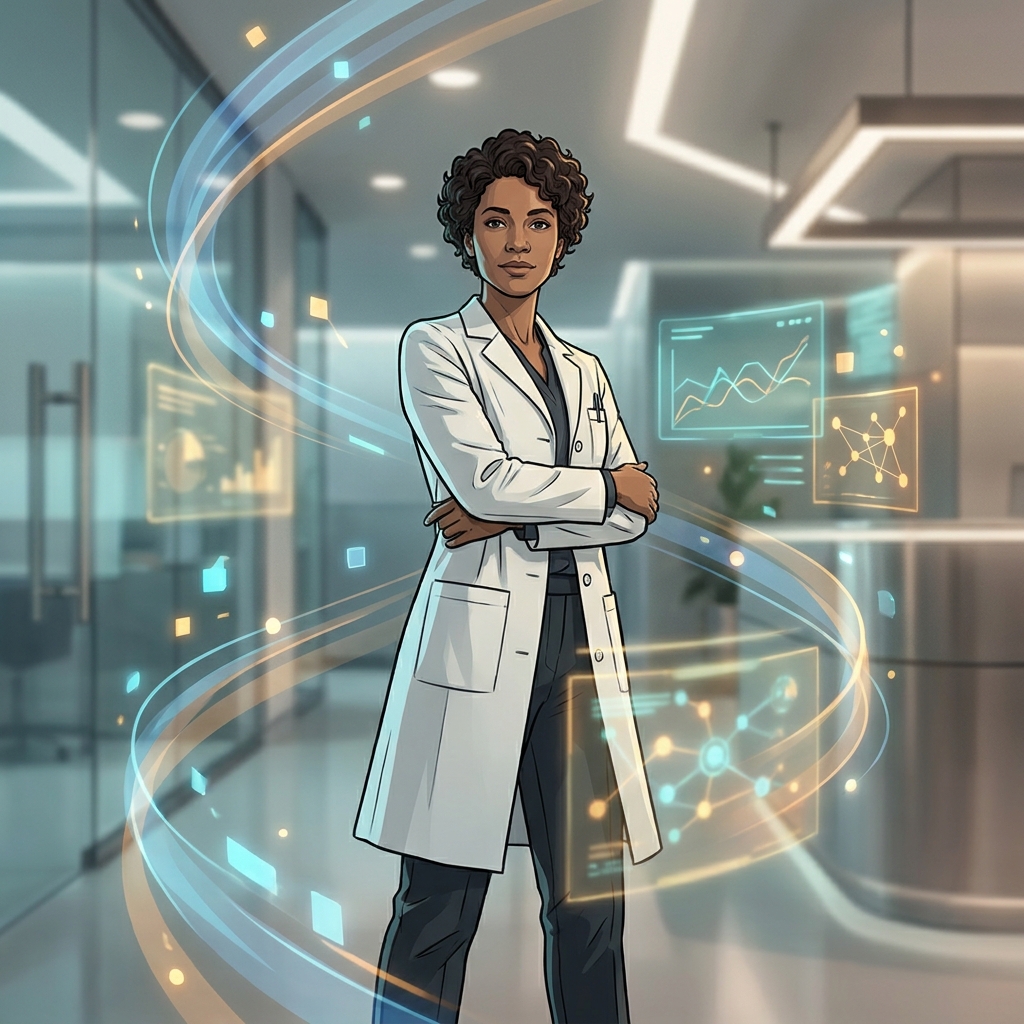 Physician surrounded by glowing AI data interfaces representing healthcare technology doctors using AI tools in 2026